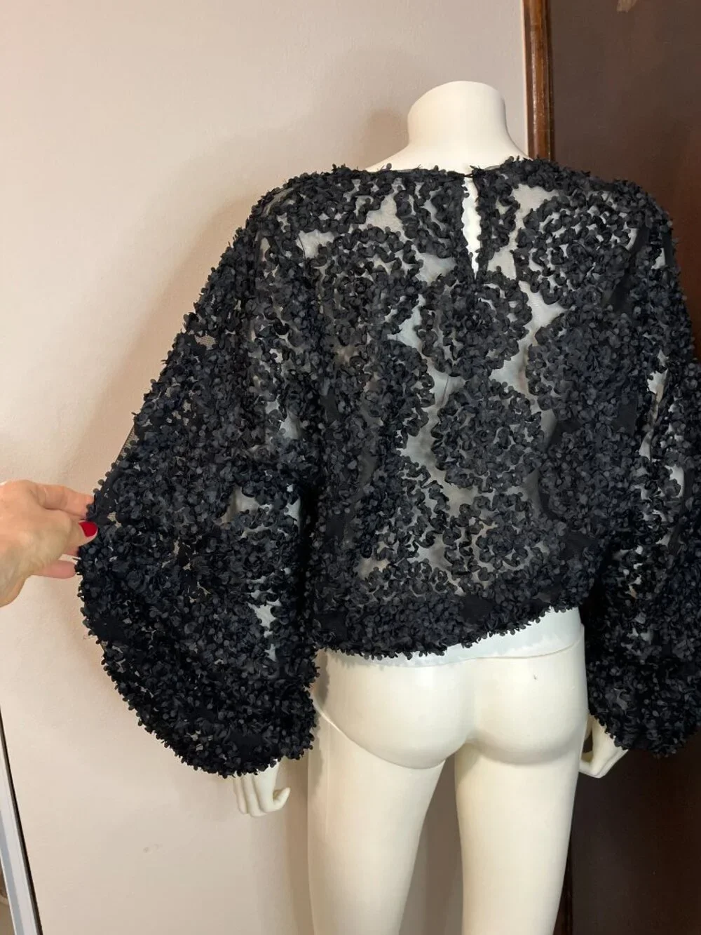 Zara Black 3D Floral Applique Sheer Mesh Top Long Wide Sleeve Large